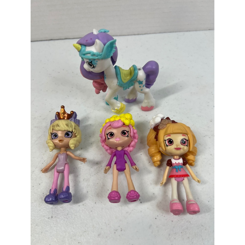 Shopkins Shoppies Mini Doll Lot of 3 with Unicorn Figure Pink Purple Yellow